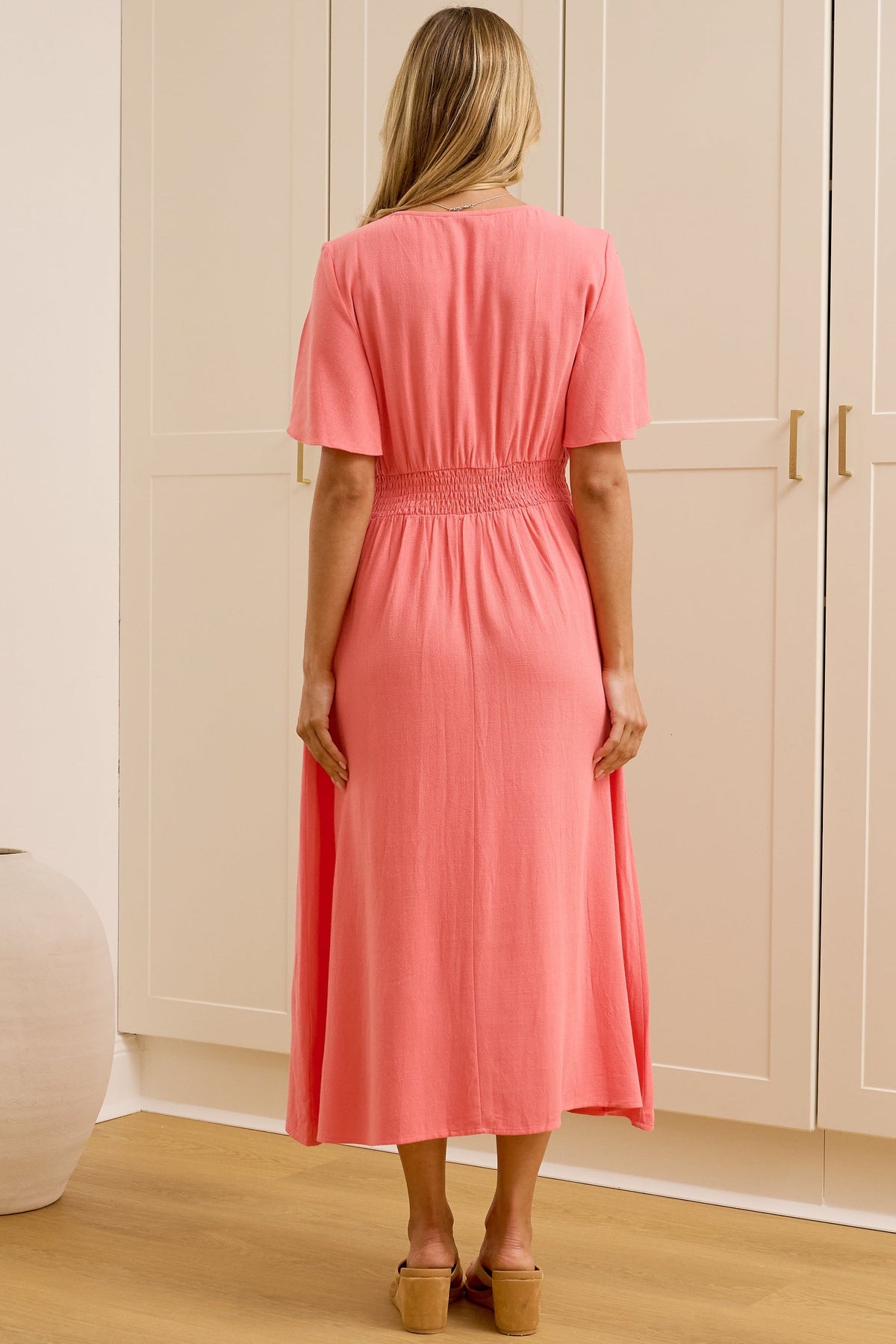 Cyan Midi Dress - V Neckline Dress in Pink