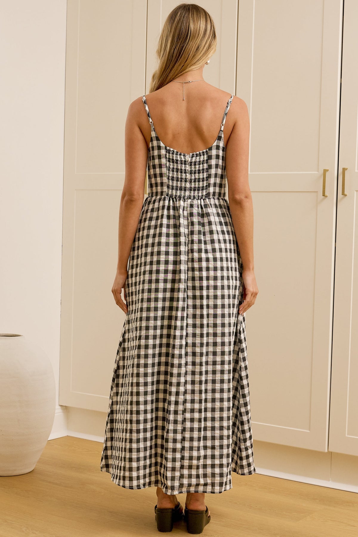 Danessa Midi Dress - Square Neck Sun Dress with Adjustable Straps and Pockets in Black Gingham
