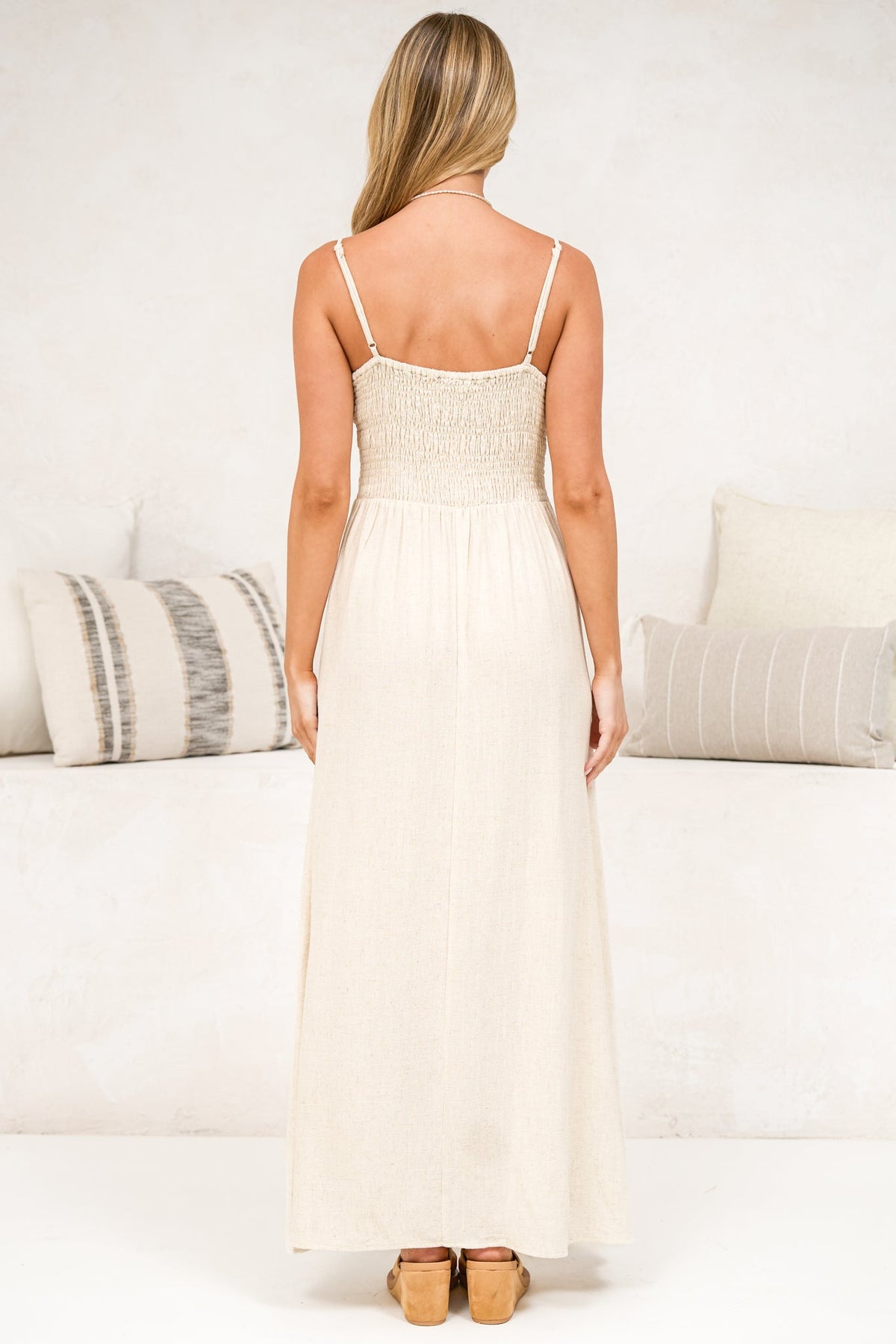 Danila Midi Dress - Front Tie Bodice Cut Out Detail Midi with Adjustable Straps in Beige