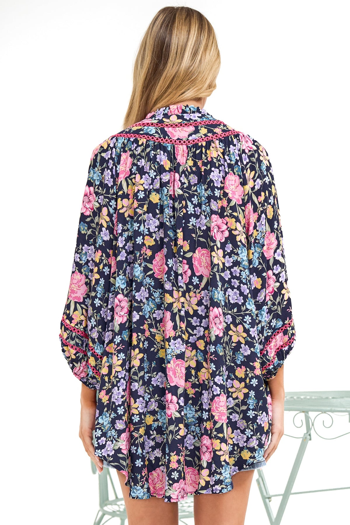 Kalina Blouse - V Neck High Low Top with Balloon Sleeves and Lace Detailing in Antonia Print Navy