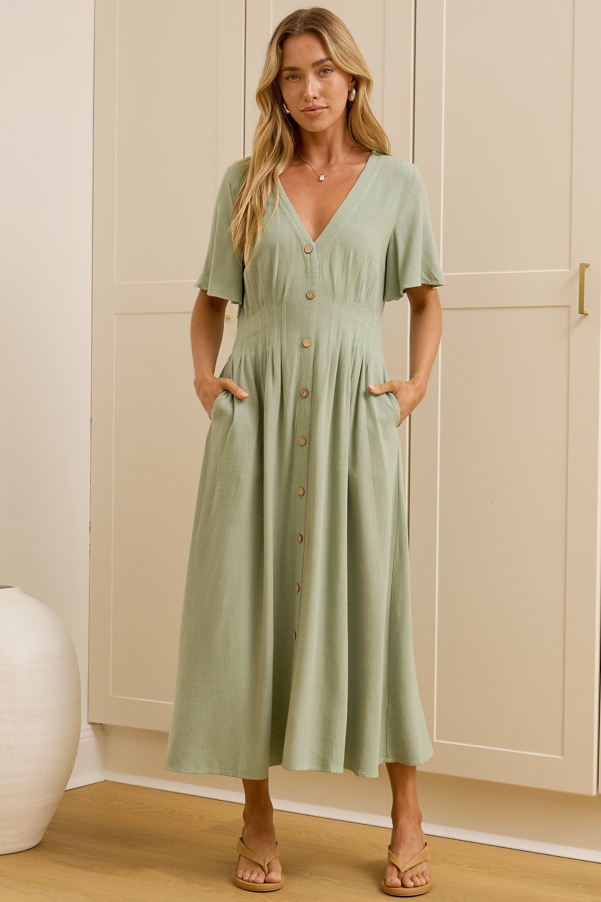 Cyan Midi Dress  - V Neckline Dress in Sage