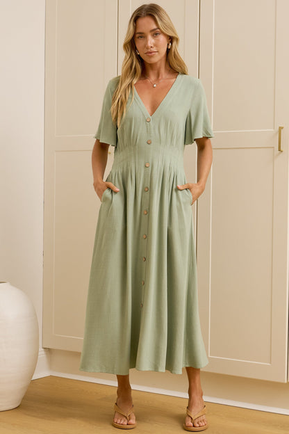 Cyan Midi Dress  - V Neckline Dress in Sage