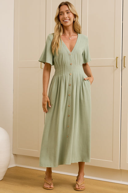 Cyan Midi Dress  - V Neckline Dress in Sage