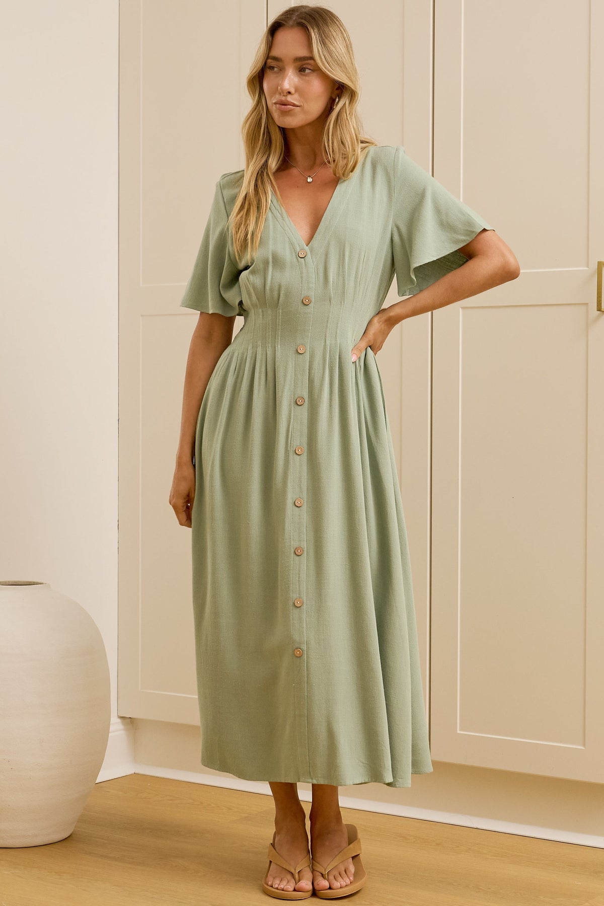 Cyan Midi Dress  - V Neckline Dress in Sage
