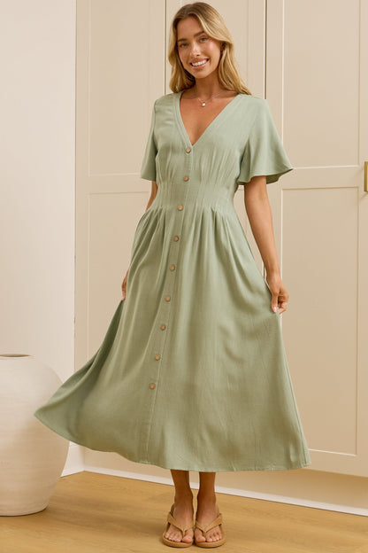 Cyan Midi Dress  - V Neckline Dress in Sage