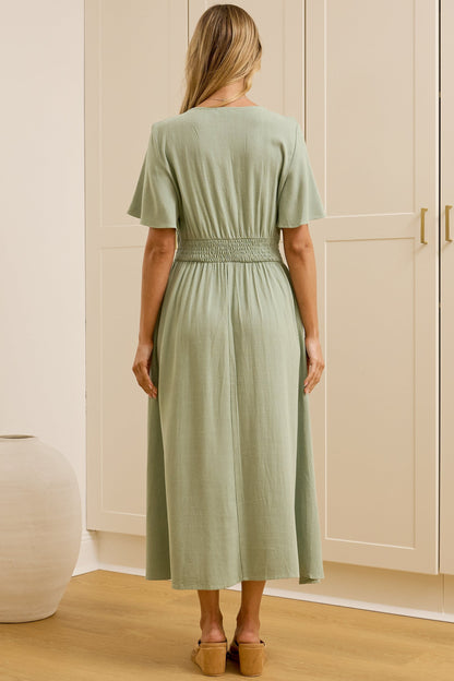 Cyan Midi Dress  - V Neckline Dress in Sage