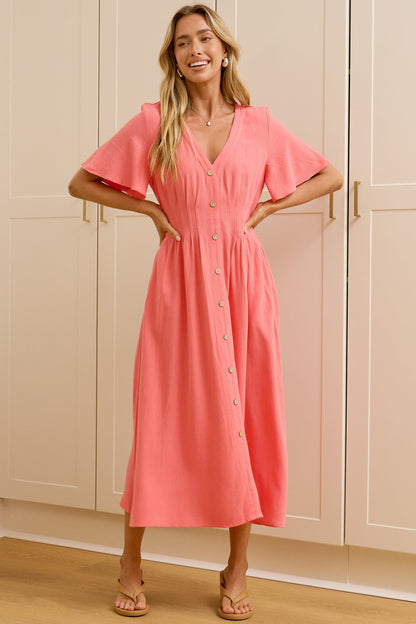 Cyan Midi Dress  - V Neckline Dress in Pink