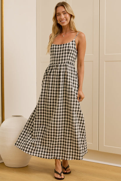 Danessa Midi Dress - Square Neck Sun Dress with Adjustable Straps and Pockets in Black Gingham