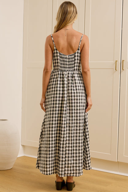 Danessa Midi Dress - Square Neck Sun Dress with Adjustable Straps and Pockets in Black Gingham