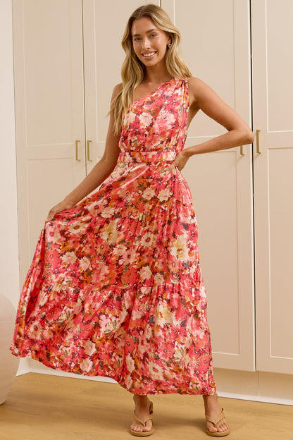 Darcy Midi Dress - One Shoulder A Line Dress with Pockets in Riviera Print Pink