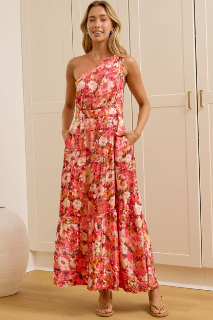 Darcy Midi Dress - One Shoulder A Line Dress with Pockets in Riviera Print Pink