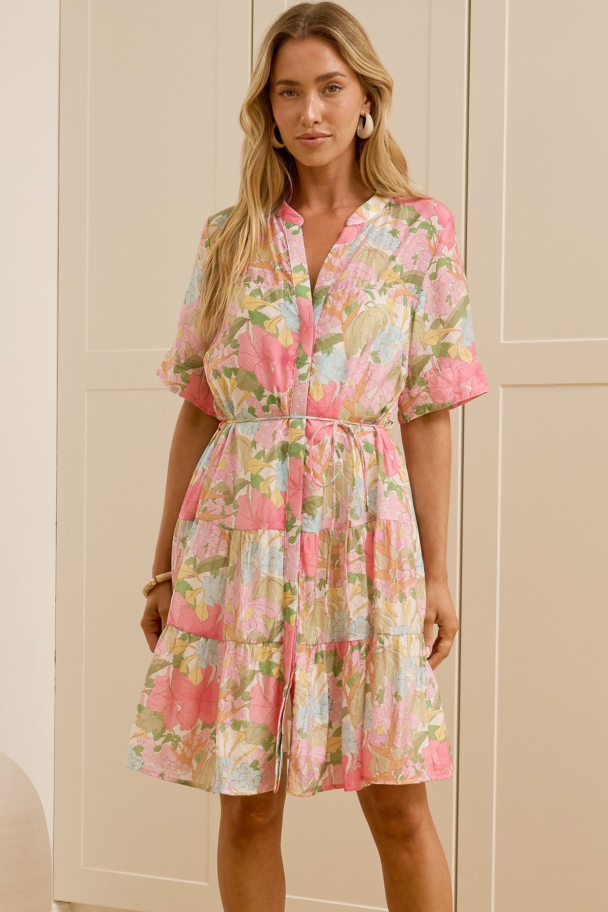 Alissa Mini Dress - Mandarin Collar Shirt Dress with Waist Tie in Wisteria Print