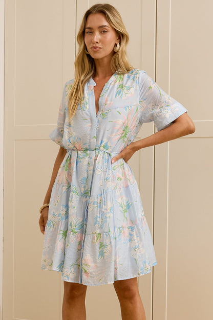 Alissa Mini Dress - Mandarin Collar Shirt Dress with Waist Tie in Camellia Print