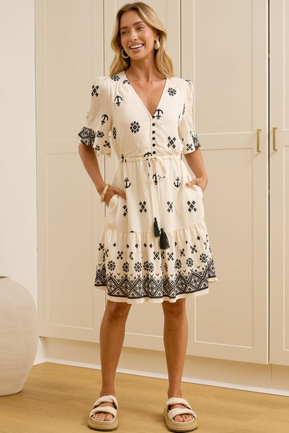 Scotlyn Mini Dress - V Neck Tasseled Drawstring Waist Mini with Pockets in Beige