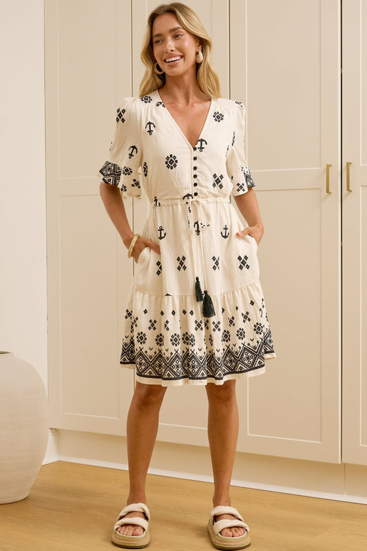 Scotlyn Mini Dress - V Neck Tasseled Drawstring Waist Mini with Pockets in Beige