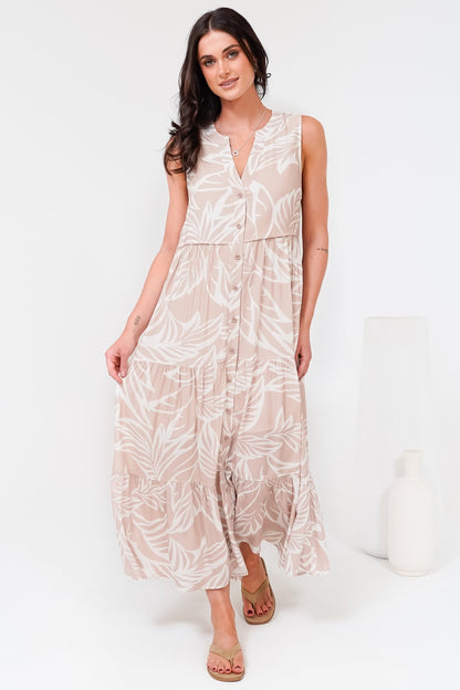 Acelle Midi Dress - Sleeveless Bermuda Collar Button Down Dress in Jeani Print Beige