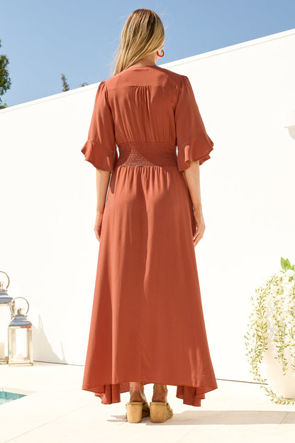 Alba Maxi Dress - Buttoned Bodice A Line Dress in Rust