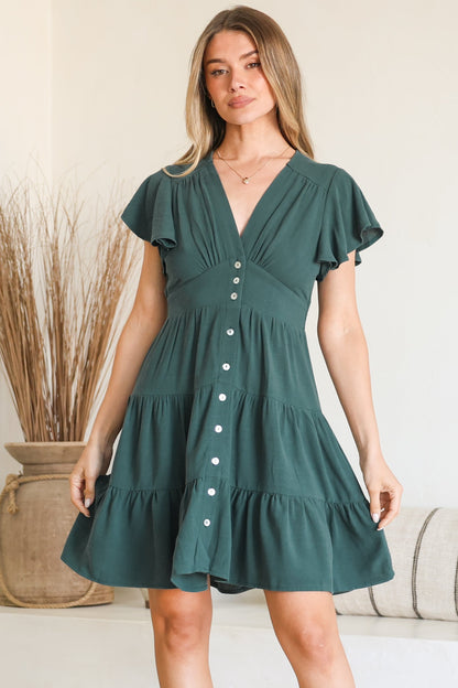 Amy Mini Dress - Frill Cap Sleeve Button Down V Neck Dress in Emerald