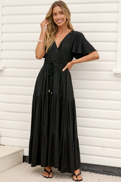 Anya Maxi Dress - Flutter Cap Sleeve Pull Tie Waist Dress in Black