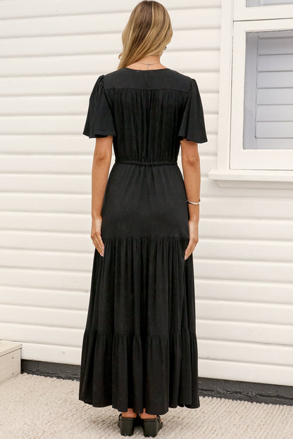 Anya Maxi Dress - Flutter Cap Sleeve Pull Tie Waist Dress in Black