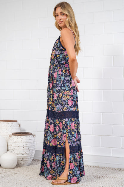 April Maxi Dress - V Neck Lace Spliced Sun Dress with Side Splits in Antonia Print Navy