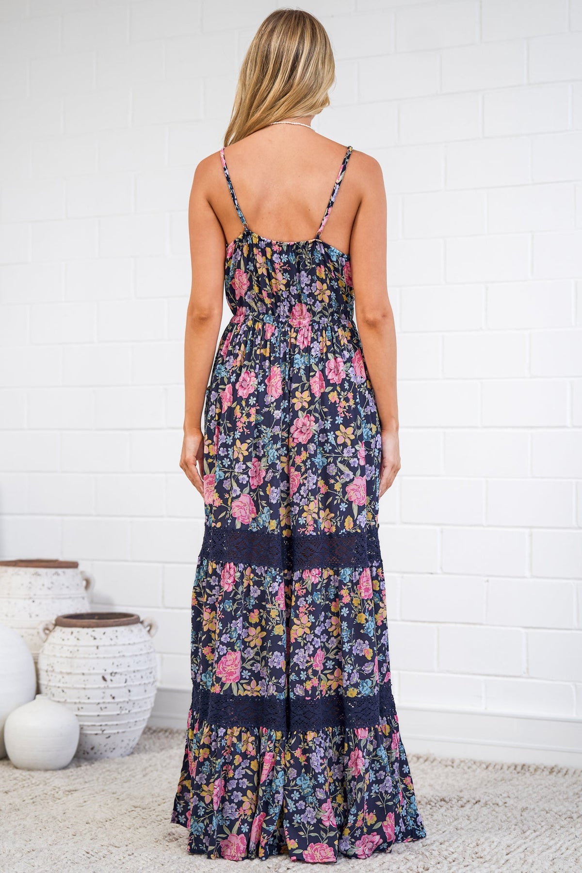 April Maxi Dress - V Neck Lace Spliced Sun Dress with Side Splits in Antonia Print Navy