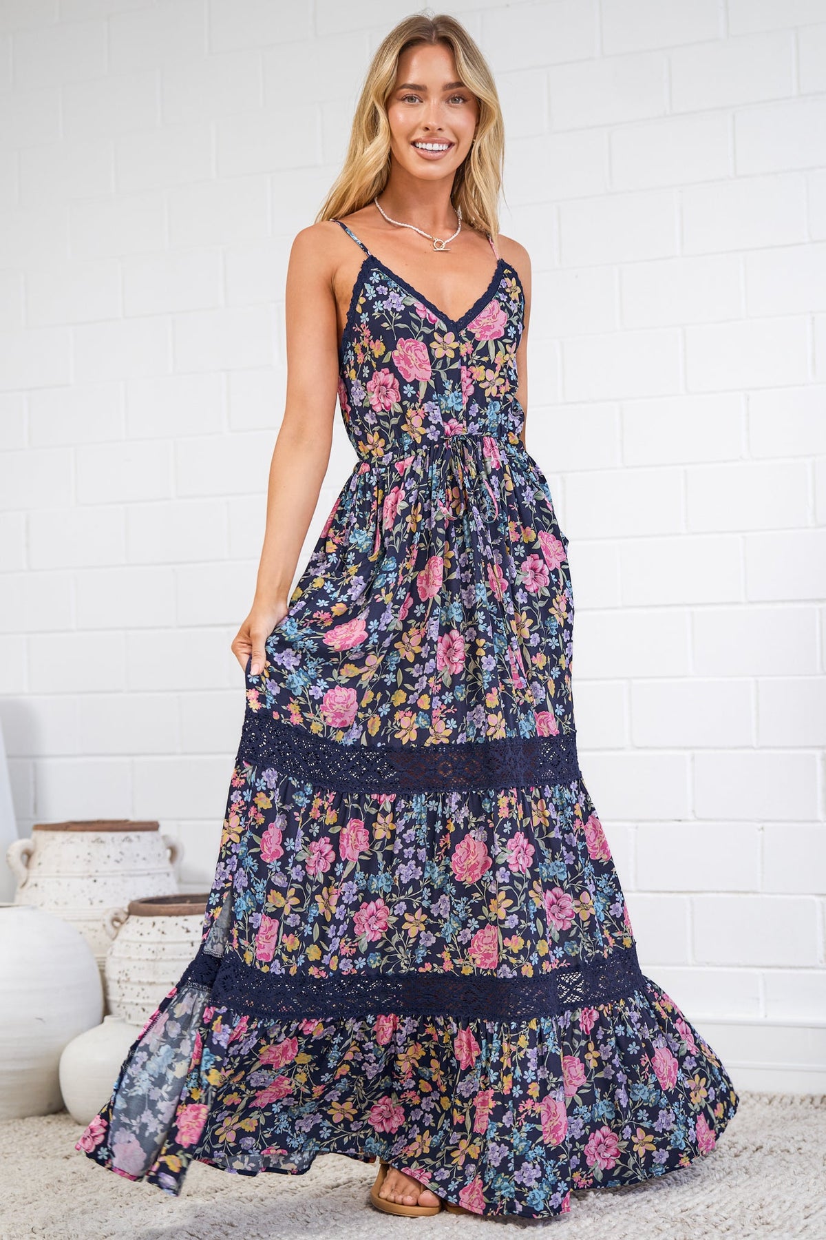 April Maxi Dress - V Neck Lace Spliced Sun Dress with Side Splits in Antonia Print Navy