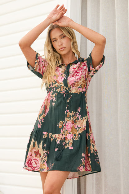 Apryl Mini Dress - Collared Short Sleeve Dress with Pull Tie Waist in Vela Print Emerald