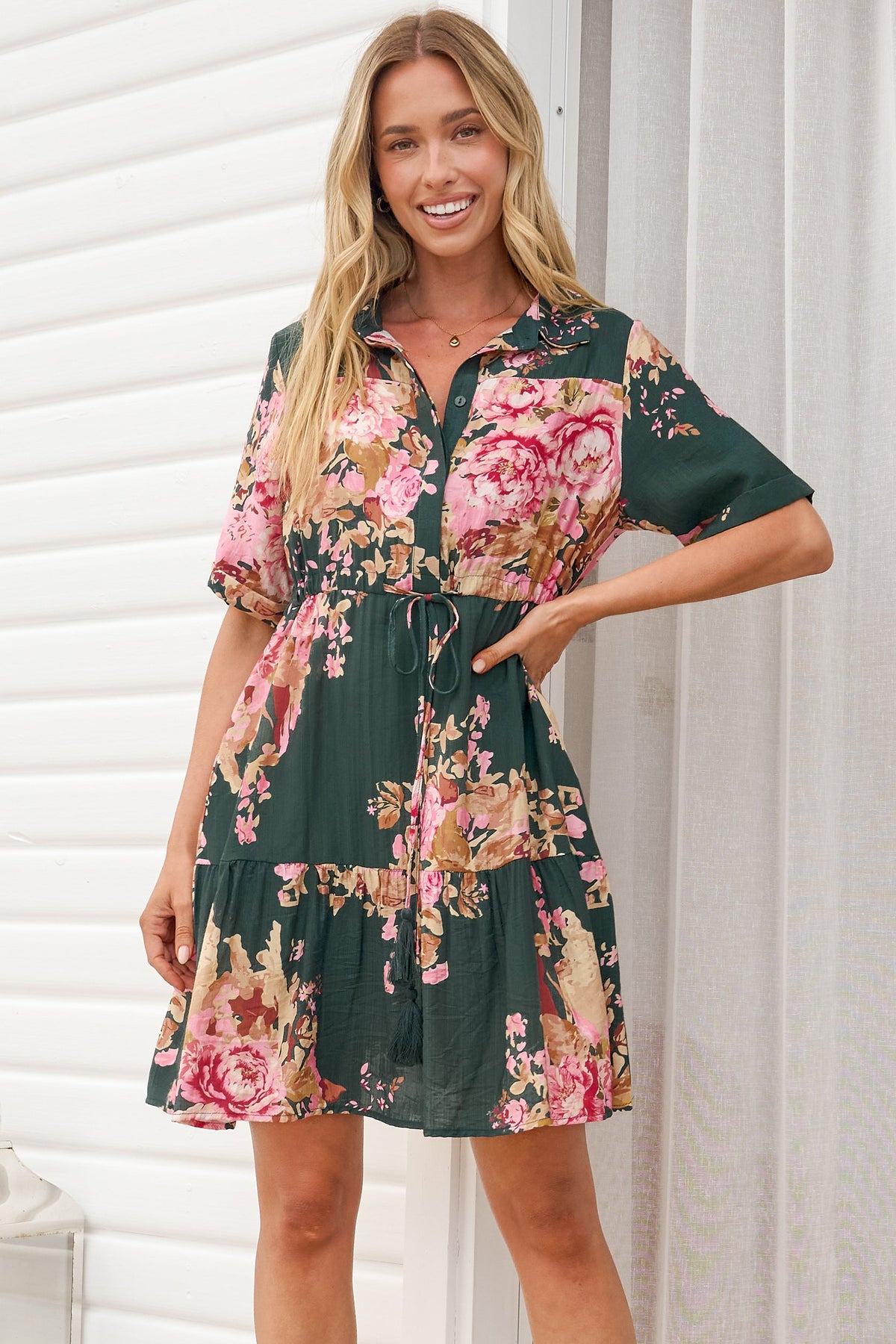 Apryl Mini Dress - Collared Short Sleeve Dress with Pull Tie Waist in Vela Print Emerald