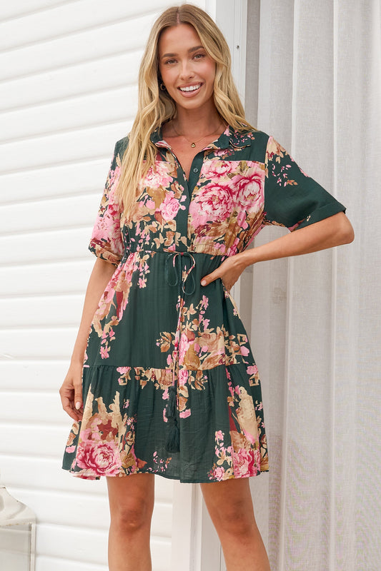 Apryl Mini Dress - Collared Short Sleeve Dress with Pull Tie Waist in Vela Print Emerald