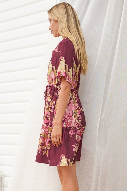 Apryl Mini Dress - Collared Short Sleeve Dress with Pull Tie Waist in Vela Print Burgundy