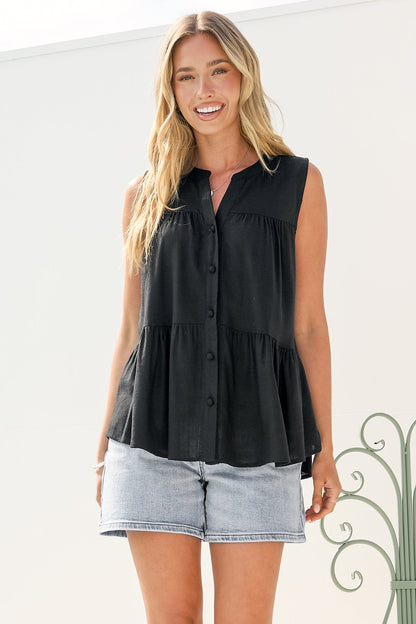 Ariana Top - High Neckline Sleeveless Tiered Button Down in Black
