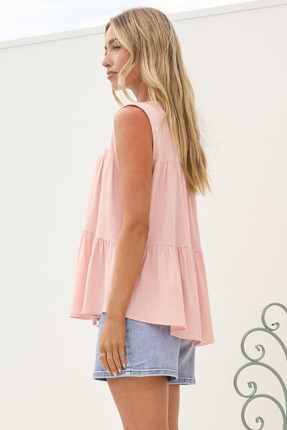 Ariana Top - High Neckline Sleeveless Tiered Button Down in Blush