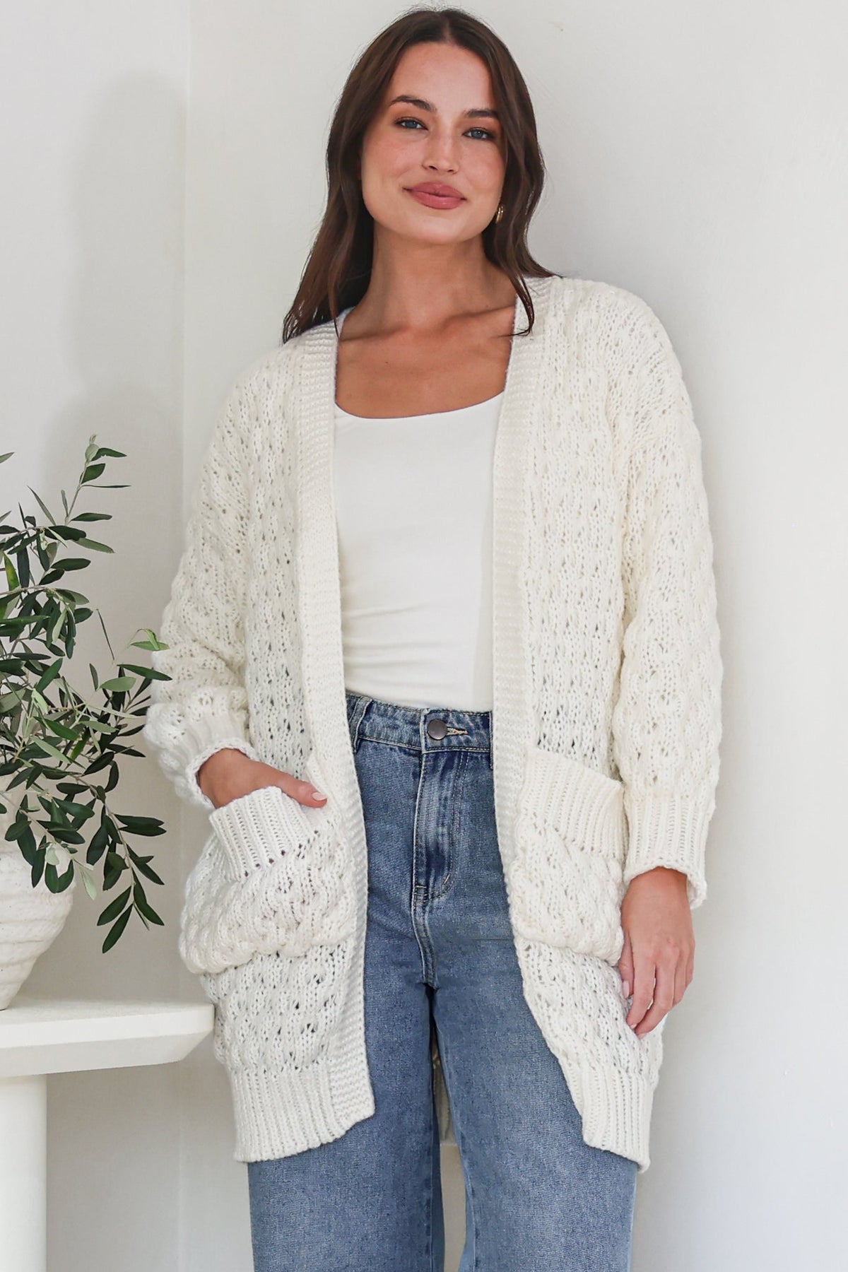 Attlee Cardigan - Chunky Open Cable Knit with Pockets and Rib Knit Trim in Cream