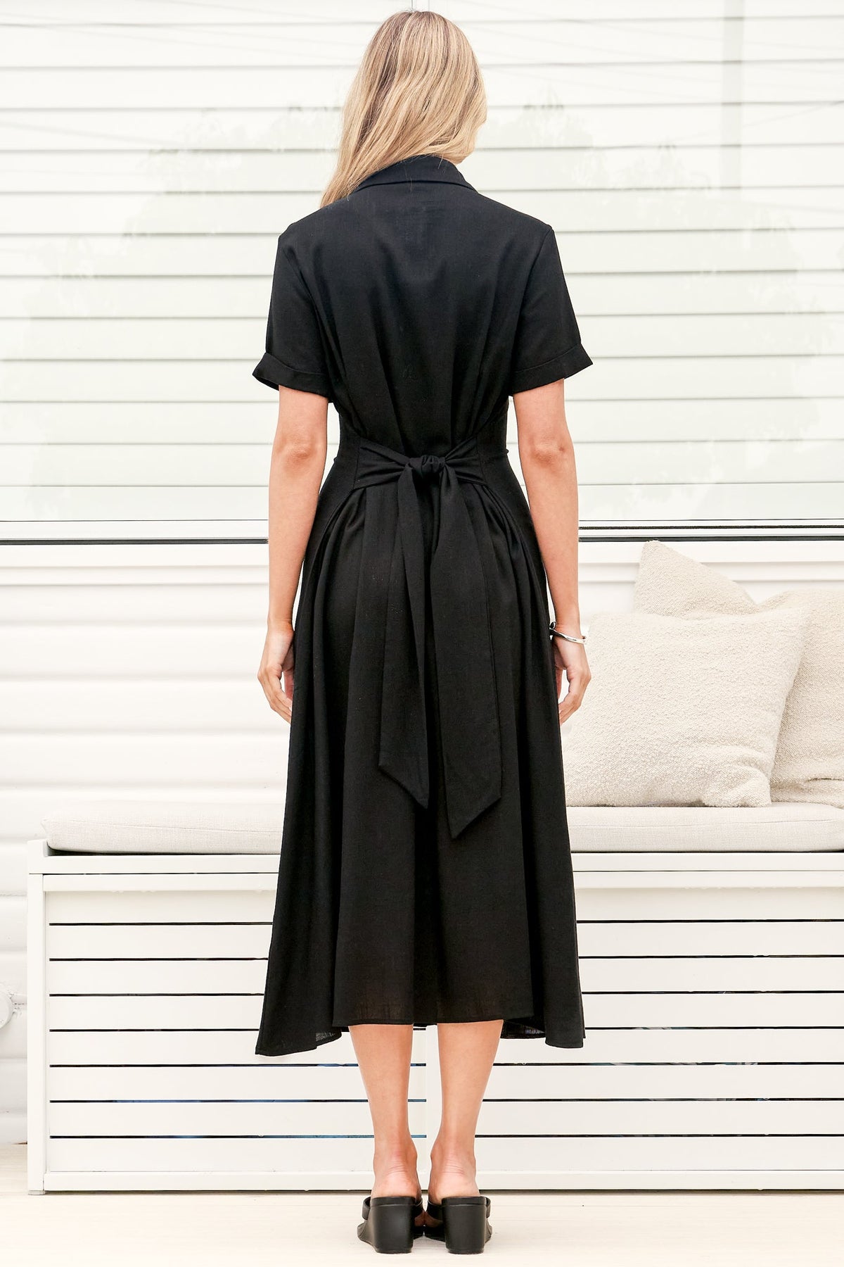 Augusta Midi Dress - Collared Button Down Short Sleeve Dress with Tie Detail in Black