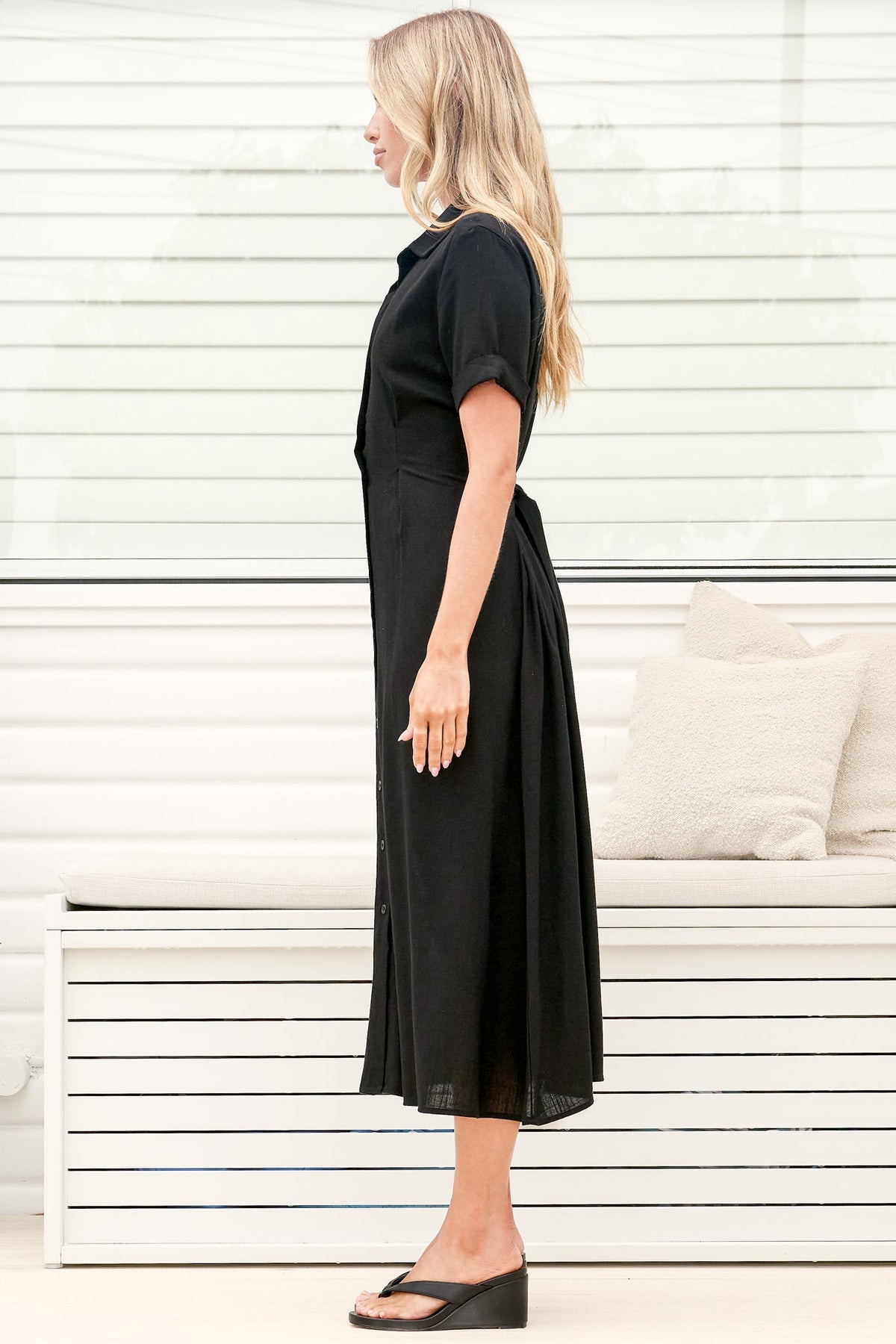 Augusta Midi Dress - Collared Button Down Short Sleeve Dress with Tie Detail in Black