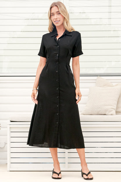 Augusta Midi Dress - Collared Button Down Short Sleeve Dress with Tie Detail in Black