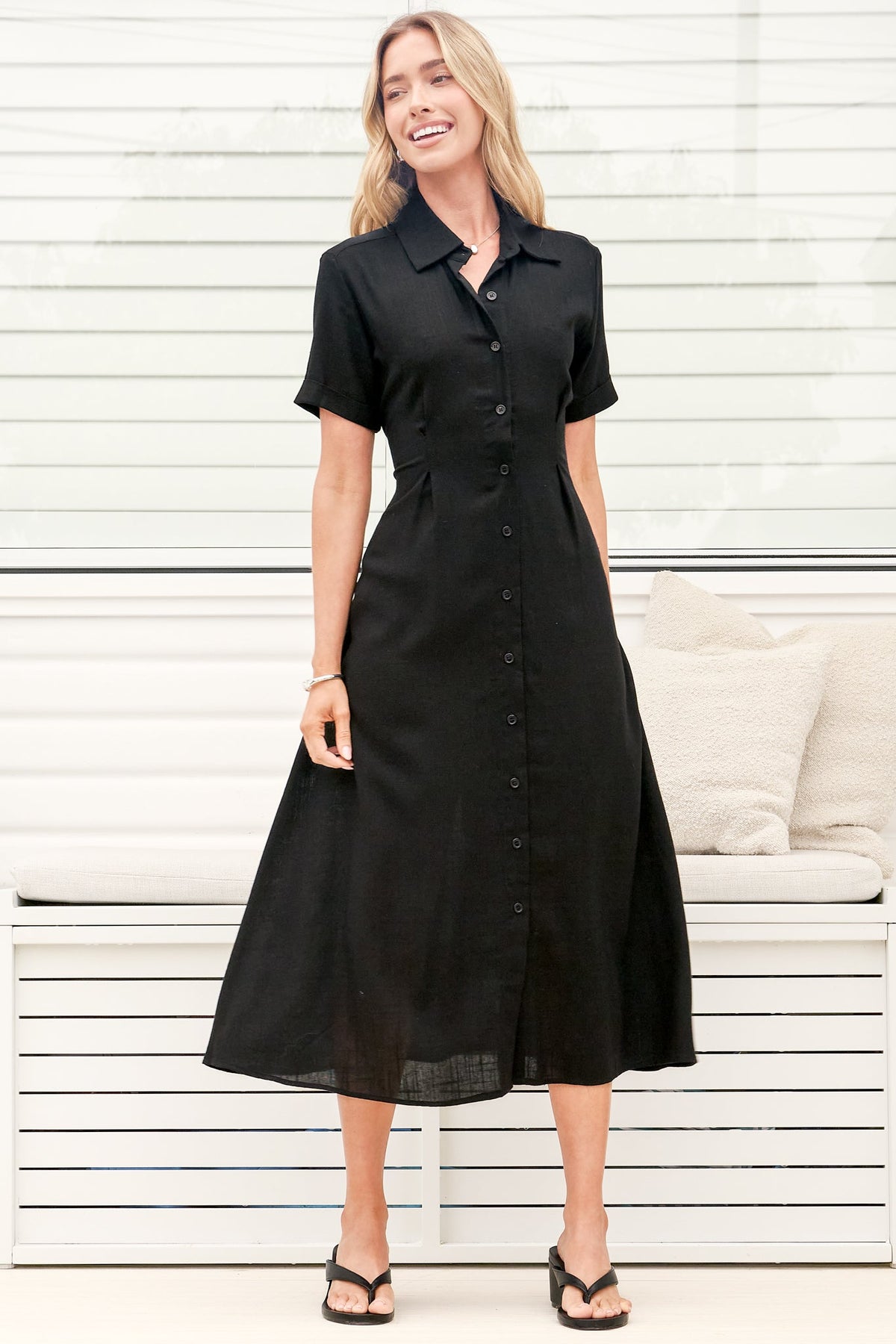 Augusta Midi Dress - Collared Button Down Short Sleeve Dress with Tie Detail in Black