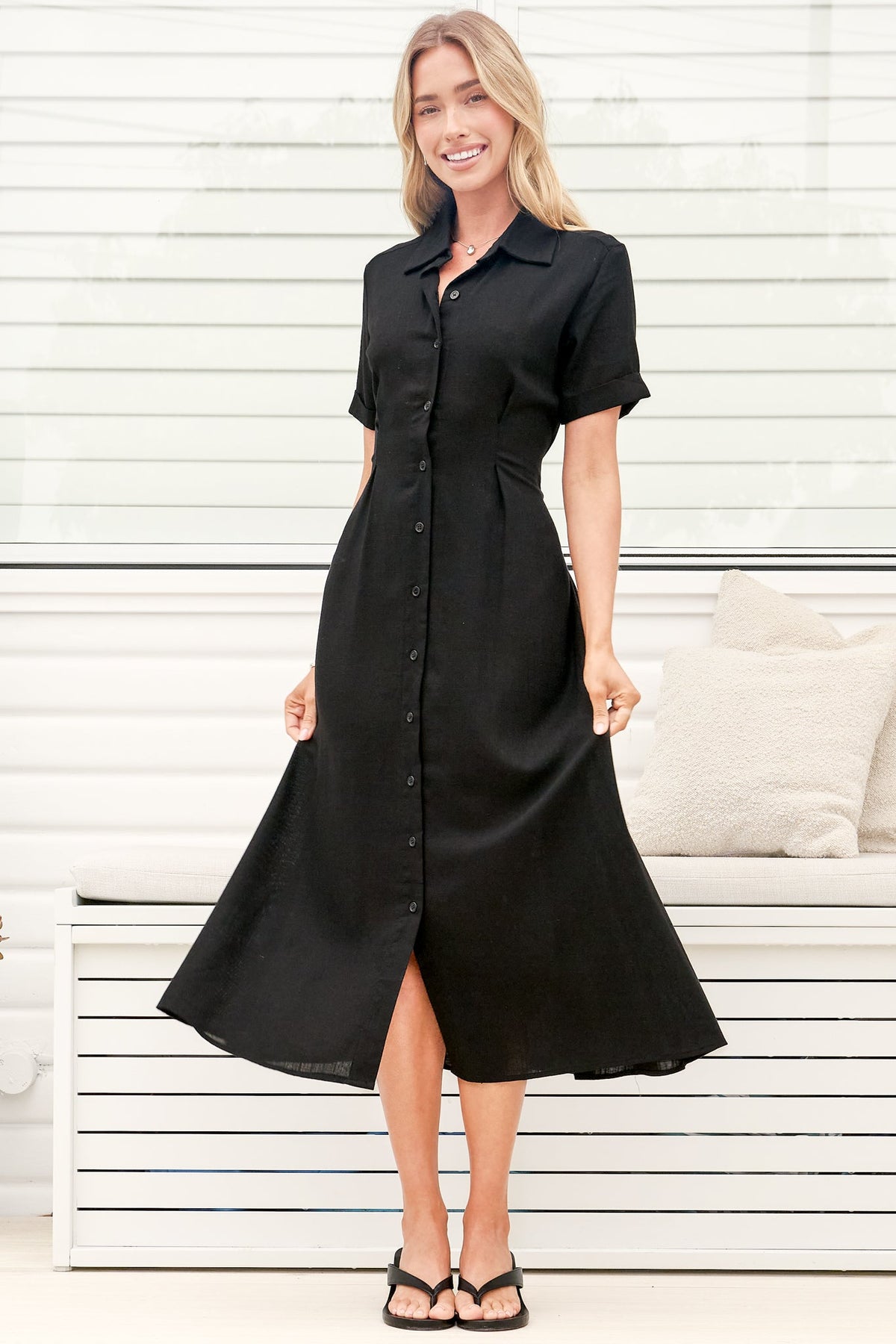 Augusta Midi Dress - Collared Button Down Short Sleeve Dress with Tie Detail in Black
