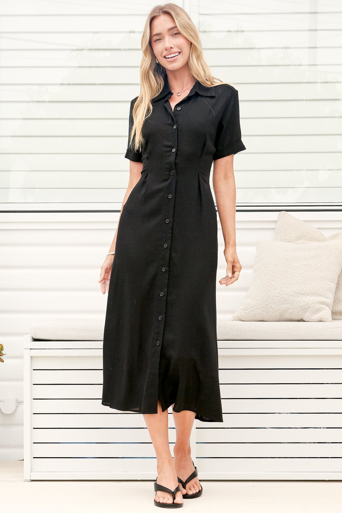 Augusta Midi Dress - Collared Button Down Short Sleeve Dress with Tie Detail in Black