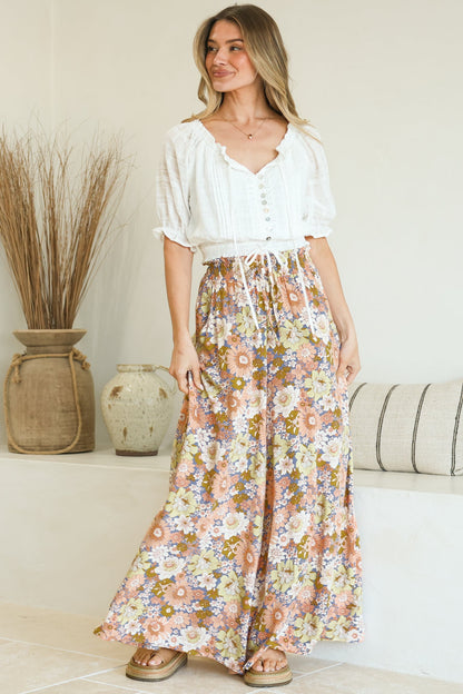 Avianna Pants - Paper Bag High Waisted Wide Leg Pants in Floral Print