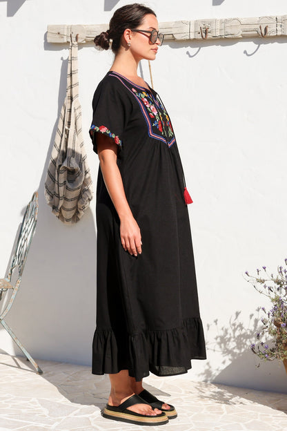 Azalea 1/2 Sleeve Midi Dress - Floral Embroidered Motif Shift Dress in Black
