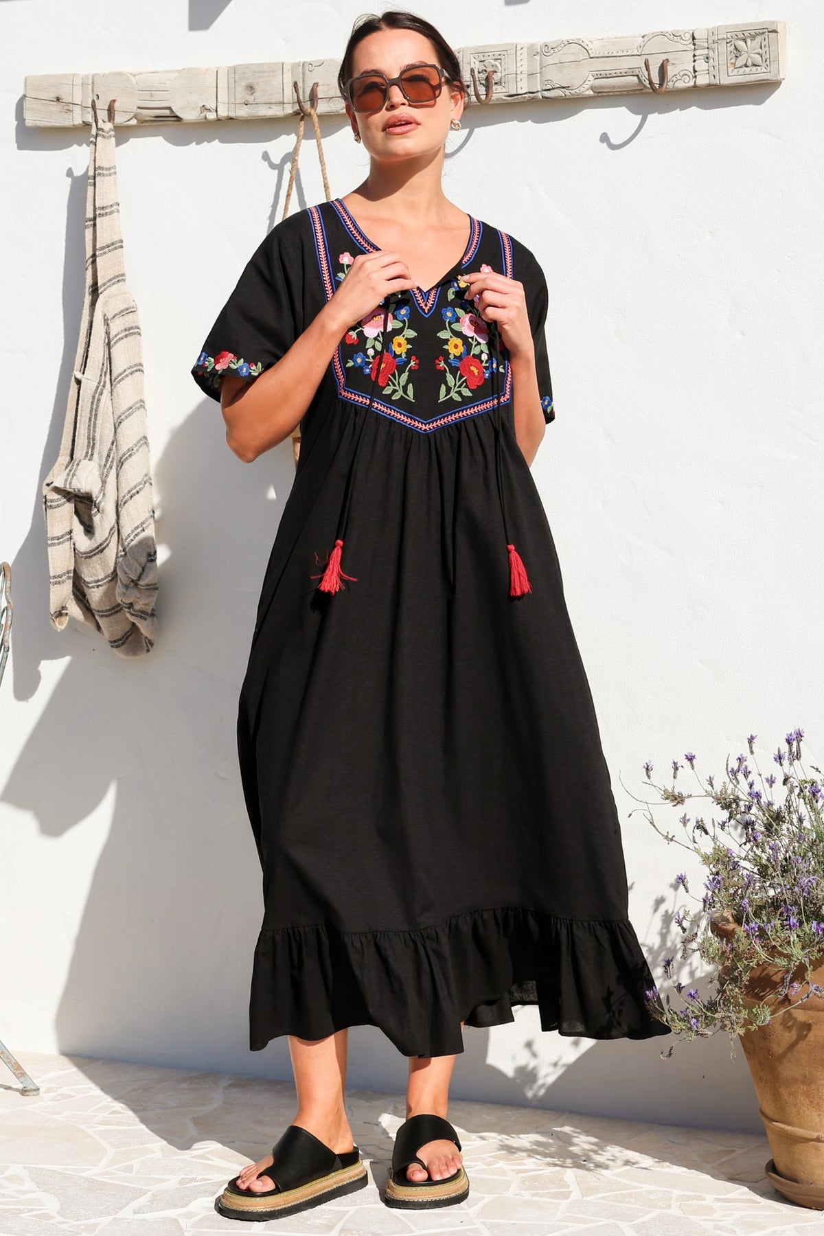 Azalea 1/2 Sleeve Midi Dress - Floral Embroidered Motif Shift Dress in Black
