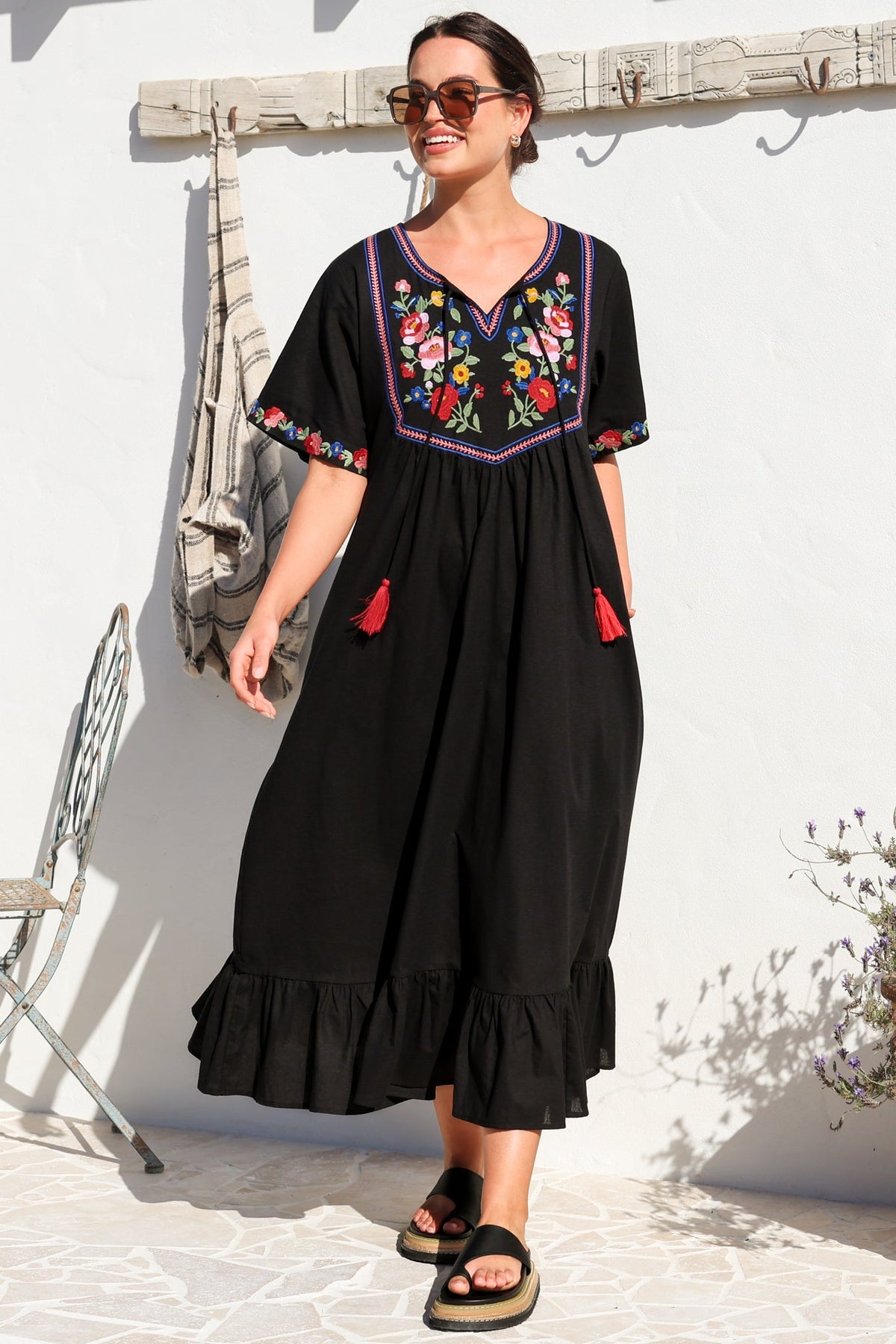 Azalea 1/2 Sleeve Midi Dress - Floral Embroidered Motif Shift Dress in Black