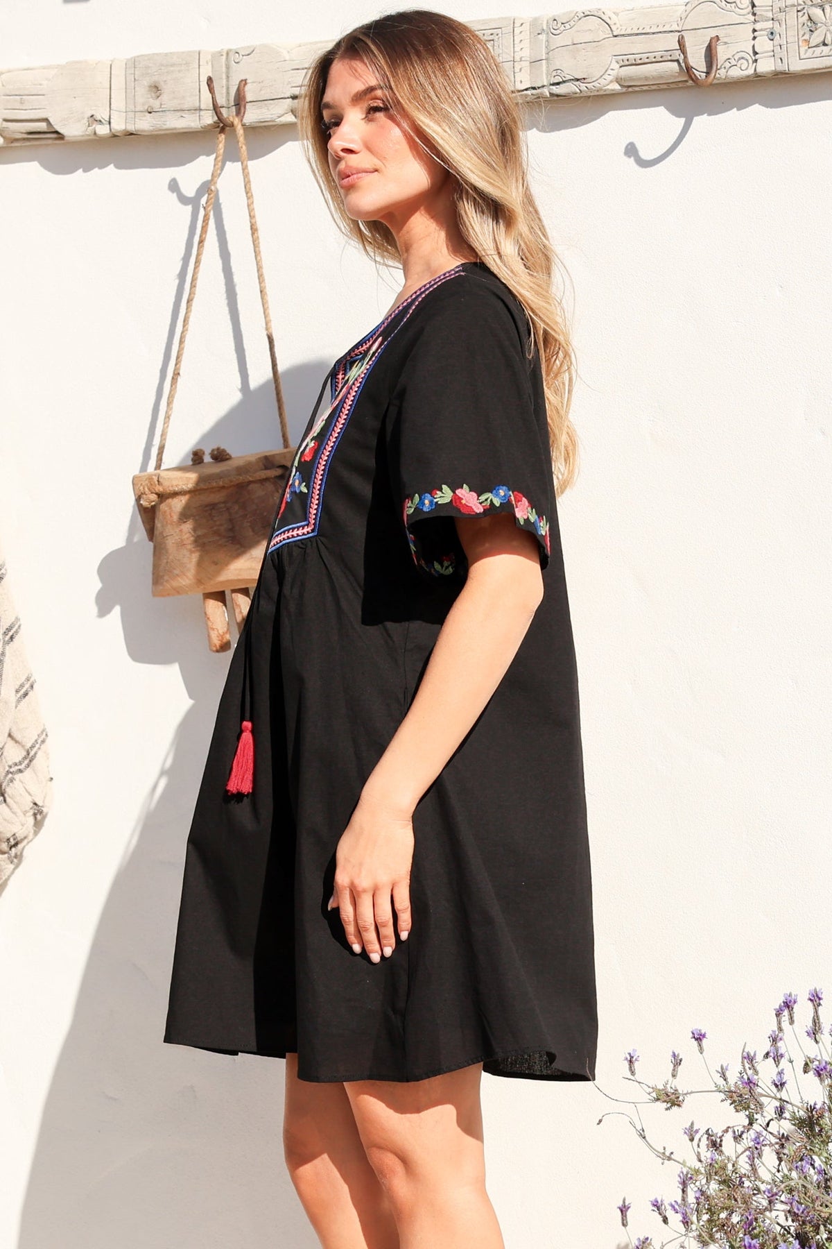 Azalea 1/2 Sleeve Mini Dress - Floral Embroidered Motif Shift Dress in Black
