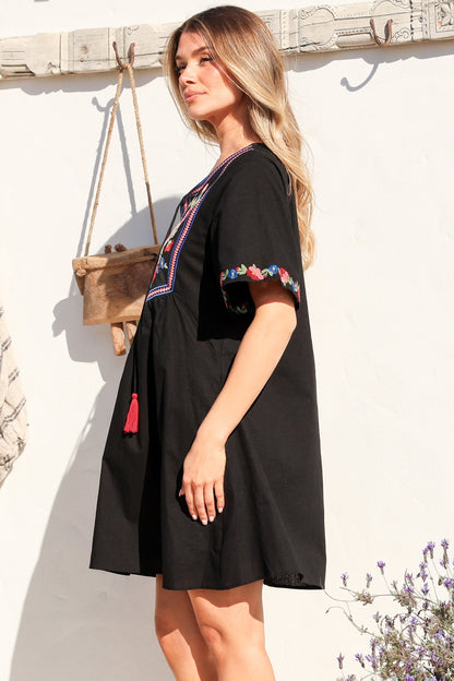 Azalea 1/2 Sleeve Mini Dress - Floral Embroidered Motif Shift Dress in Black