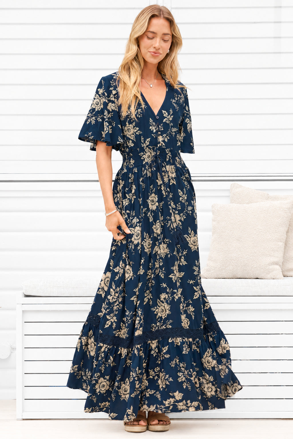 Balenca Maxi Dress - V Beck A Line Dress with Flutter Sleeves & Lace Inserts in Salvia Print Navy