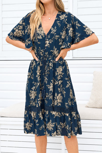 Balenca Mini Dress - V Neck Lace Insert A Line Dress with Flutter Sleeves in Salvia Print Navy