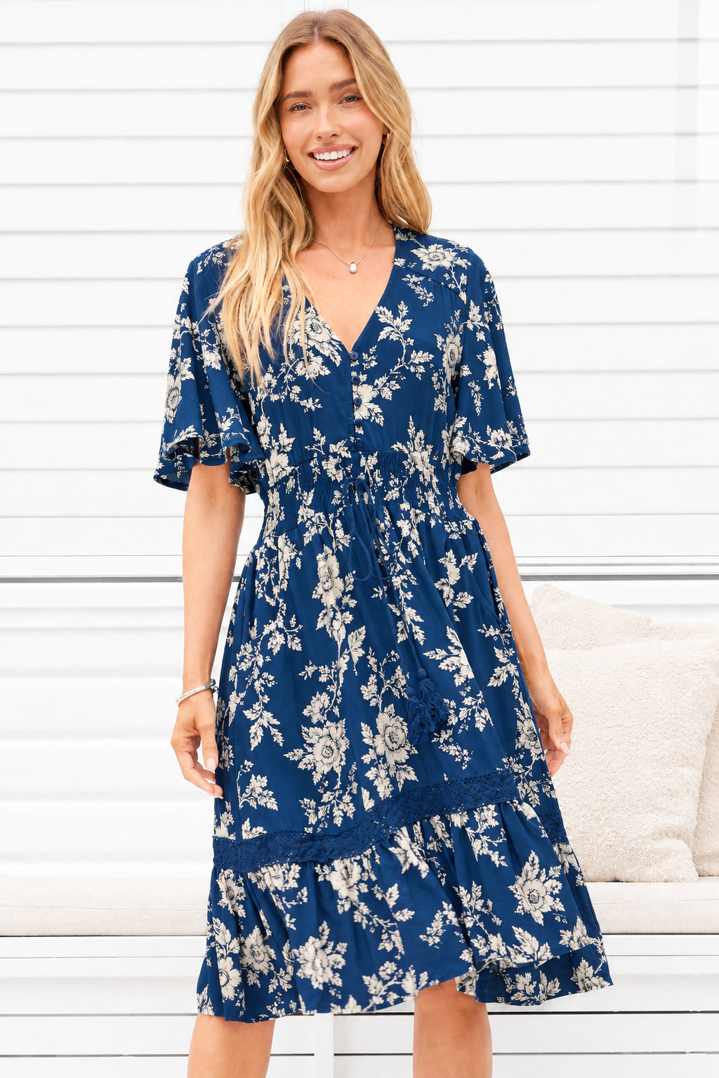 Balenca Mini Dress - V Neck Lace Insert A Line Dress with Flutter Sleeves in Salvia Print Navy