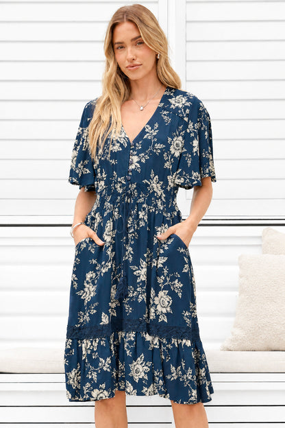 Balenca Mini Dress - V Neck Lace Insert A Line Dress with Flutter Sleeves in Salvia Print Navy